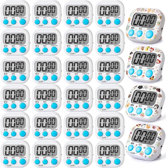 24 Pcs Multi-Function Electronic Timer Small Digital Kitchen Timer Digital Timer with Stickers Magnetic Back for Cooking Classroom Study Gym with Countdown/Up Mode,White