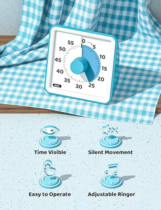 LIORQUE Visual Timer for Kids, 60-Minute Countdown Timers for Classroom Office Kitchen with Silent Operation, Kids Timer for Teaching (Batteries Included)