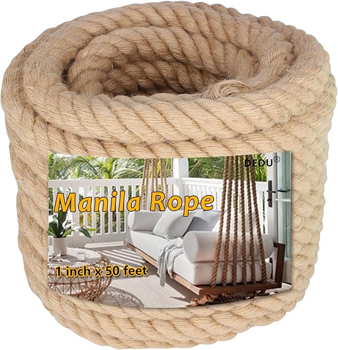 DEDU Manila Rope 1 Inch X 50 Ft, Natural Hemp Rope Twisted 4 Strand, Thick for Crafts Heavy Duty Multipurpose for Swing Bed, Camping, Tug of War, Docks, DIY Projects.