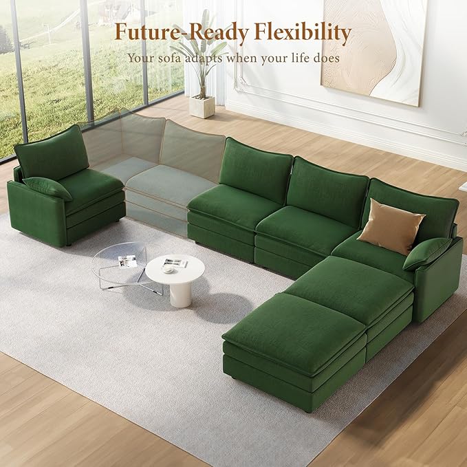 Vesgantti 142" U Shaped Sectional Couch, Comfy Cloud Modular Sectional Sofa with 2 Ottoman Deep Seat Chenille Modern Cloud Sofa, Modular Sofas for Living Room, Bedroom and Apartment, Green