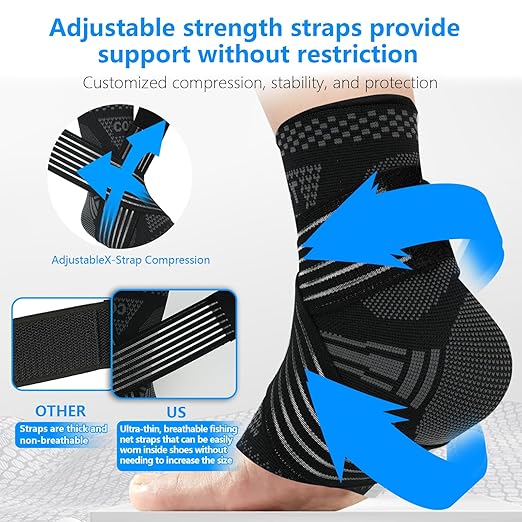DRNAIETY Copper Ankle Brace for Men & Women - 1 Pair Adjustable Ankle Support Compression Sleeve for Plantar Fasciitis, Achilles Tendonitis, Foot Pain, Swelling, Sprains - Everyday Use (Black, X-Large)