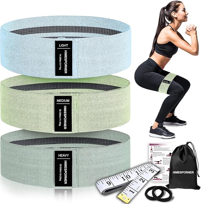HIMESPORNER Wide Fabric Resistance Bands for Working Out, 3 Level Non-Slip Exercise Booty Bands for Women & Men Leg and Glutes with Hair Ties and Tape Measure - for Home Gym Workout, Yoga, Pilates