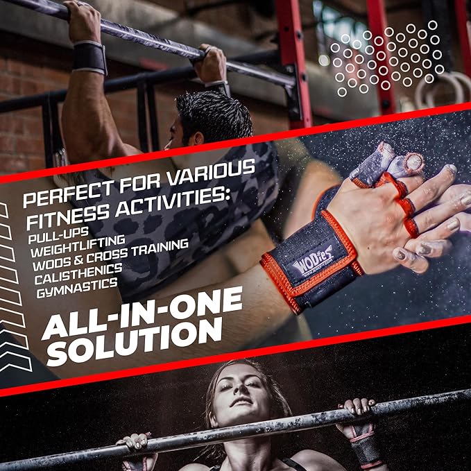 JerkFit WODies Gymnastics & Weightlifting Grips with Wrist Wraps – 3 Hole Versatile Gym Gloves for Pull Ups, Gym Training & Cross Training – Hand Grips Palm Protector for Men & Women