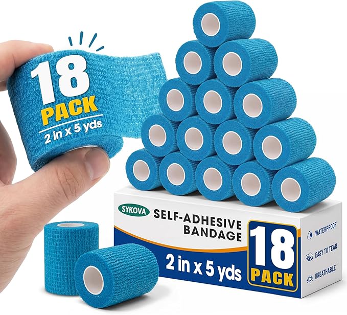 18 Pack Self Stick Bandage Wrap, Long Lasting Blue Adhesive Bandages, Flexible Breathable Self Adherent Wrap, 2 Inch Cohesive Bandage Tape, Versatile Elastic Support for Sports Wound