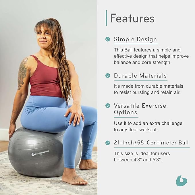 Balanced Body Burst-Proof Fitness Ball, Home or Gym Exercise Equipment for Stability, Coordination, and Conditioning