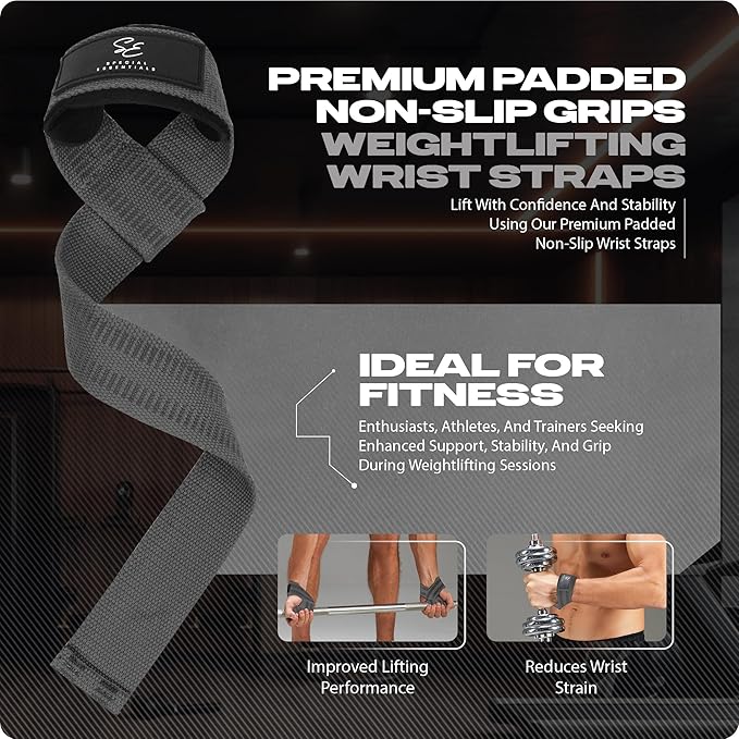 Special Essentials 2 Pack of Wrist Straps for Weightlifting - Two-Sided Anti Slip Silicone Grip & Padded Neoprene - Durable Gym Lifting Straps for Men and Women for Bodybuilding & Powerlifting