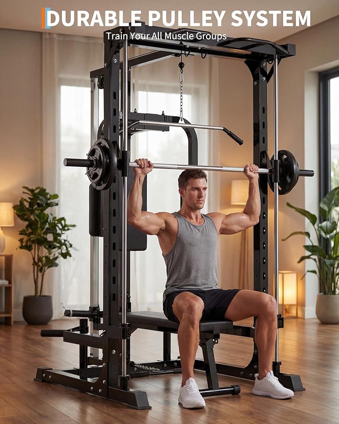 Garvee Smith Machine, Heavy Duty Power Cage Squat Rack with Smith Bar, LAT Pulldown System, Chest Station & More Training Attachment, Home Gym Equipment for Strengthen Training