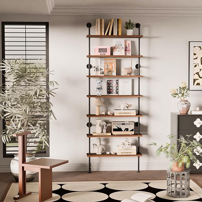7 Tier Industrial Ladder Shelf Bookcase, Wall Mounted Rustic Bookshelf for Living Room Decor and Storage (Walnut Color, 7 Tier - 10" D x 36" W x 95.5" H)