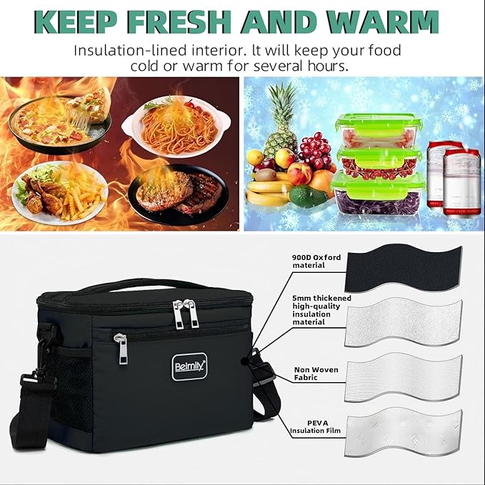 BEIMILY Lunch Box for Men/Women, Small Insulated Lunch Bag, Leak-Proof Soft Cooler Tote Bag, Reusable LunchBox for Work, Travel, Fitness, Picnic with Adjustable Shoulder Strap for Adults (Black)