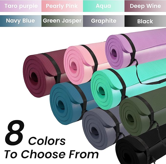 Signature Fitness 71x24 Inches Extra Thick Yoga Mat 1-Inch High-Density Foam – Roll-Up Exercise Pad with Double-Sided Non-Slip Surface and Carrying Strap for Pilates and Home Workouts, Multiple Colors