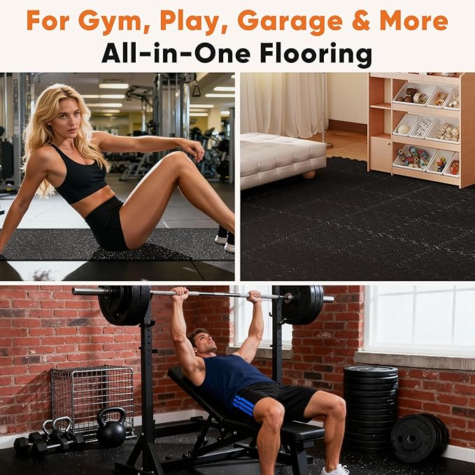 Sweetcrispy Interlocking Rubber Floor Tiles, Gym Flooring for Home Gym Mat 1/2 Inch Thick, Rubber Mats for Floor, Garage, Workout Space, Non-Slip, 6pcs