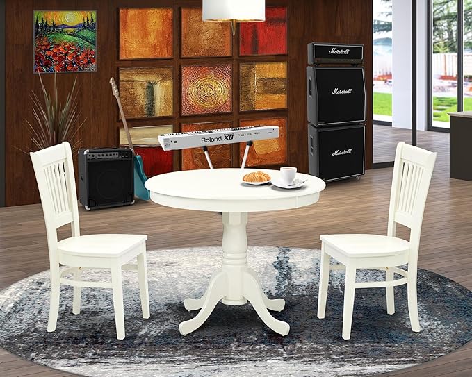 East West Furniture ANVA3-LWH-W 3 Piece Dining Room Furniture Set Contains a Round Dining Table with Pedestal and 2 Wood Seat Chairs, 36x36 Inch, Linen White
