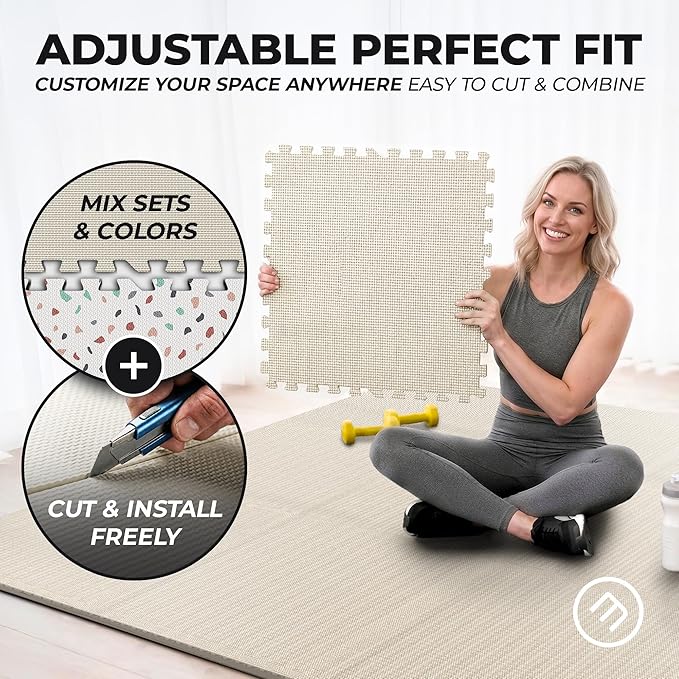 bemaxx Gym Mats Set - 12 pcs EVA Interlocking Foam Floor Tiles (24.4"x24.4"x0.4") 48 sqft Protective Gym Flooring Sports Home Workout Exercise Mats Puzzle Garage Fitness Play-Room Pool Treadmill Bike
