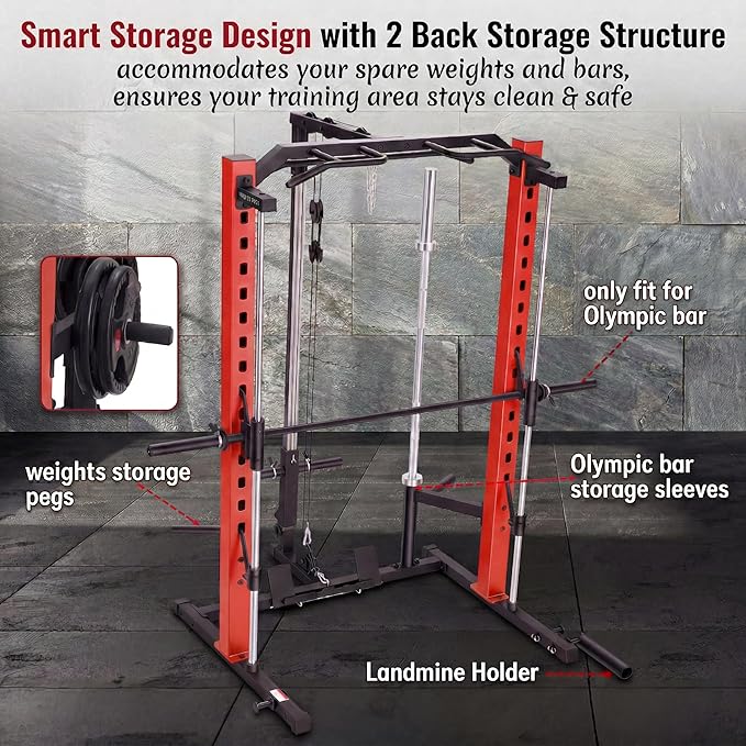 OPPSDECOR All-in-One Adjustable Smith Machine with LAT-Pull Down System Multi-Function Power Cage for Home Gym Cable Crossover Squat Rack of Workout Machine Training Equipment with Attachments