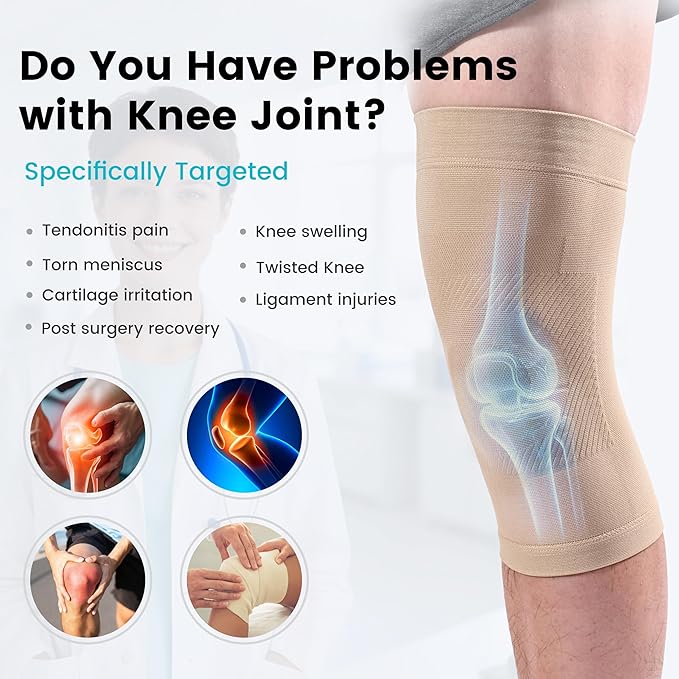 Knee Compression Sleeves, 1 Pair, Can Be Worn Under Pants, 20-30mmHg Strong Support Knee Brace for Unisex, Knee Support for Meniscus Tear, Arthritis, Pain Relief, Injury Recovery, Daily Wear,Beige XXL