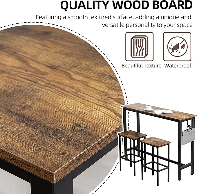 Finnhomy 52.7" Industrial Bar Table Set with 2 Stools - Counter Height Dining & Pub Table for Small Spaces, Kitchen, Apartment, Breakfast Nook - Metal & Wood, Space-Saving Furniture - Rustic Brown
