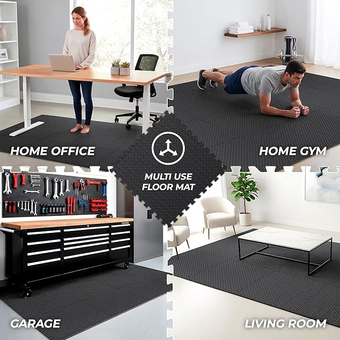 bemaxx Gym Mats Set - 12 pcs EVA Interlocking Foam Floor Tiles (24.4"x24.4"x0.4") 48 sqft Protective Gym Flooring Sports Home Workout Exercise Mats Puzzle Garage Fitness Play-Room Pool Treadmill Bike