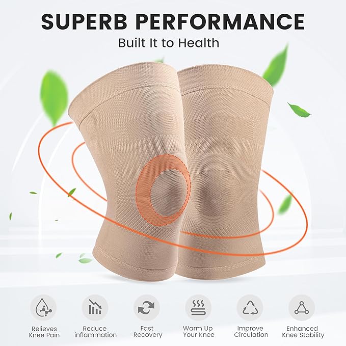 Knee Compression Sleeves, 1 Pair, Can Be Worn Under Pants, 20-30mmHg Strong Support Knee Brace for Unisex, Knee Support for Meniscus Tear, Arthritis, Pain Relief, Injury Recovery, Daily Wear, Beige L