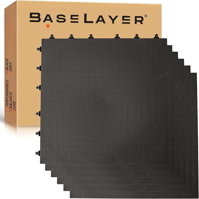 Baselayer Balance Series Interlocking Floor Tiles - Durable ½ in TPE (Rubber Like, NOT Foam, no Odor) - Gym Flooring for Cardio Equipment & Gymnastics - Black, 15 SqFt (6 Pack) - Made in USA