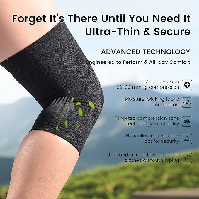 Knee Compression Sleeves, 1 Pair, Can Be Worn Under Pants, 20-30mmHg Strong Support Knee Brace for Unisex, Knee Support for Meniscus Tear, Arthritis, Pain Relief, Injury Recovery, Daily Wear,Black XXL
