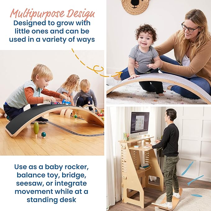 ECR4Kids Wooden Rocking Balance Board with Non-Slip Felt Base, Montessori Toy, Black