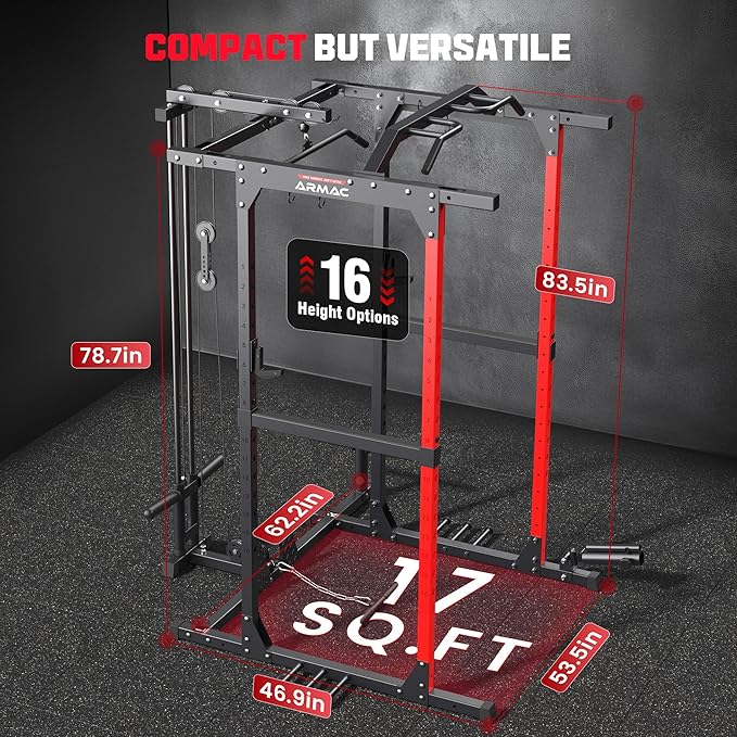 ARMAC Power Cage,1500lbs Multi-Function Power Rack with Adjustable Cable Crossover System and More Training Attachment, Weight Cage for Home Gym