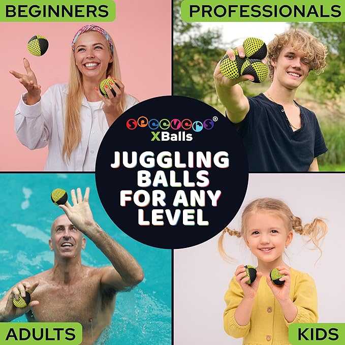 speevers Juggling Balls for Beginners and Professionals Set of 3, 14 Colors Available, 2 Layers of Net and Carry Case, Xballs Juggling Balls (Black - Yellow, 3.2 oz)