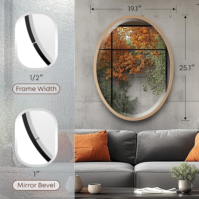 OVALCREST - Oval Wooden Beveled Wall Mirror for Home Decor, Bathroom, Vanity, Bedroom, Living Room, Hallway - London Style (Gold Spray) 19.1 x 25.1