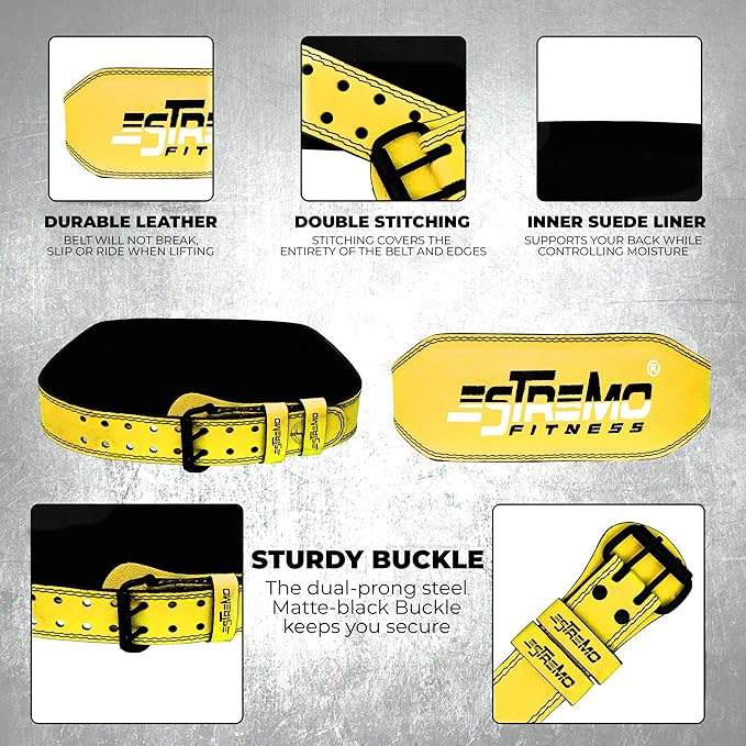 Estremo Weight Lifting Belt 6 Inches Wide Genuine Leather Squat For Gym, Powerlifting, Deadlift, Bodybuilding Durable and Comfortable for Men and Women-Yellow