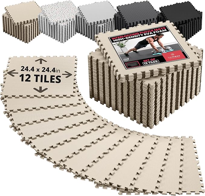 bemaxx Gym Mats Set - 12 pcs EVA Interlocking Foam Floor Tiles (24.4"x24.4"x0.4") 48 sqft Protective Gym Flooring Sports Home Workout Exercise Mats Puzzle Garage Fitness Play-Room Pool Treadmill Bike