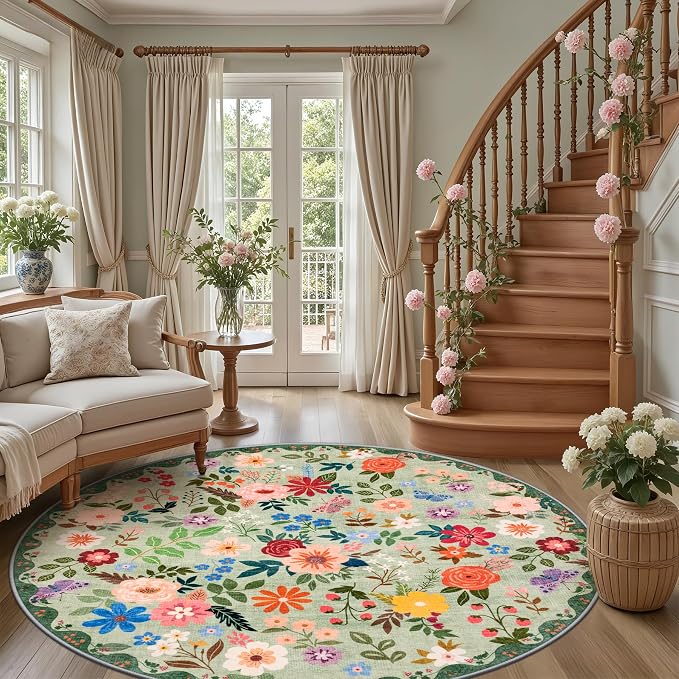 Round Area Rug for Living Room: 8 ft Floral Washable Circle Rug Soft Boho
