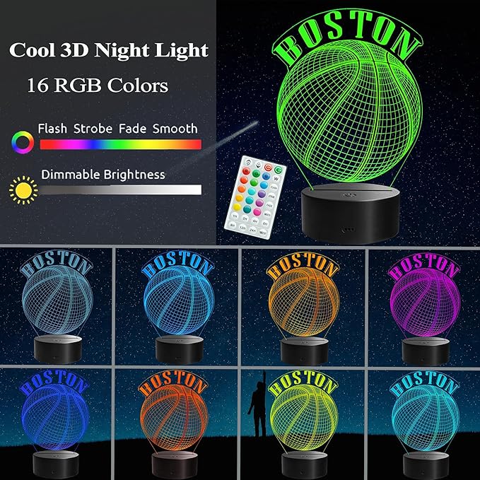 Basketball Night Light, Boston Gifts for Boy, 3D Illusion Lamp with Remote Control, 16 Colors Changing, RGB Flashing Mode and Dimmable, Gifts for Boys Christmas Decor (Boston)