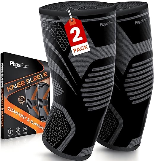 PhysFlex Knee Brace for Pain Relief - Knee Compression Sleeves for Men and Women - Support for Weightlifting, Gym, Workout, Volleyball, Arthritis (XL, Black)