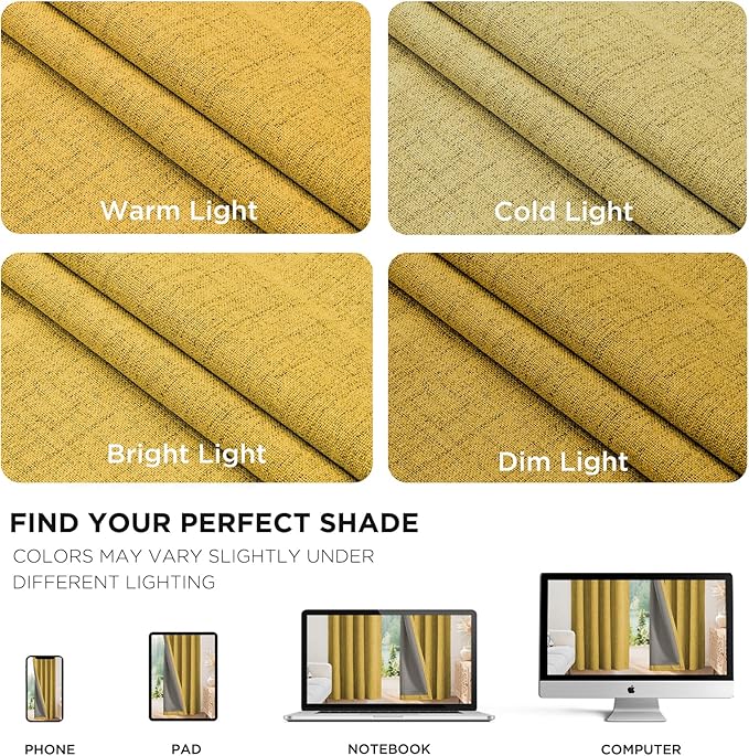 Joydeco Linen Blackout Curtains for Bedroom - 100% Light Blocking 1 Panels, Yellow Drapes 70" W x 108" L, Thermal Insulated Room Darkening Curtains for Living Room, Rod Pocket & Back Tabs