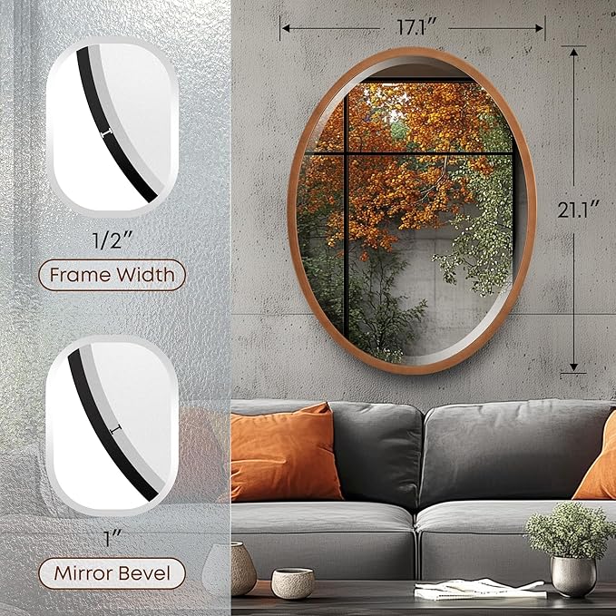 OVALCREST - Oval Wooden Beveled Wall Mirror for Home Decor, Bathroom, Vanity, Bedroom, Living Room, Hallway - London Style (Sunset Gold) 17.1 x 21.1