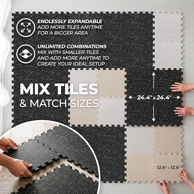 bemaxx Gym Mats Set - 12 pcs EVA Interlocking Foam Floor Tiles (24.4"x24.4"x0.4") 48 sqft Protective Gym Flooring Sports Home Workout Exercise Mats Puzzle Garage Fitness Play-Room Pool Treadmill Bike