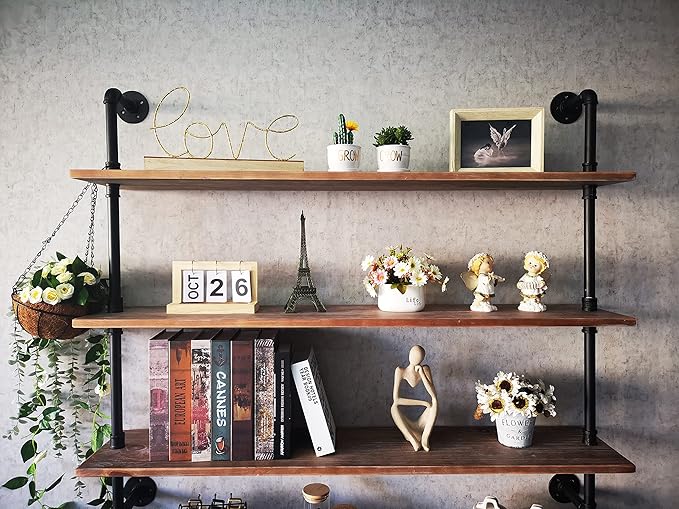 Industrial Ladder Pipe Shelf, Wall Mounted Wood Metal Bookshelf for Living Room Storage (Weathered Brown, 6 Tier - 10" D x 48" W x 82.5" H)