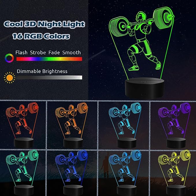 Weightlifting Night Light, Weightlifting Gifts for Boy, Gym 3D Night Light with Remote Control, 16 Colors Changing, RGB Flashing Mode and Dimmable, Gifts for Boys Christmas Decor