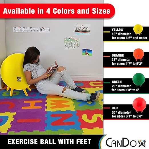 CanDo 30-1892 Non-Slip Inflatable Exercise Ball with Stability Feet Exercise, Workout, Core Training, Stability, Yoga, Pilates, Balance Training Gym, Office, Home, Classroom. Orange, 22"