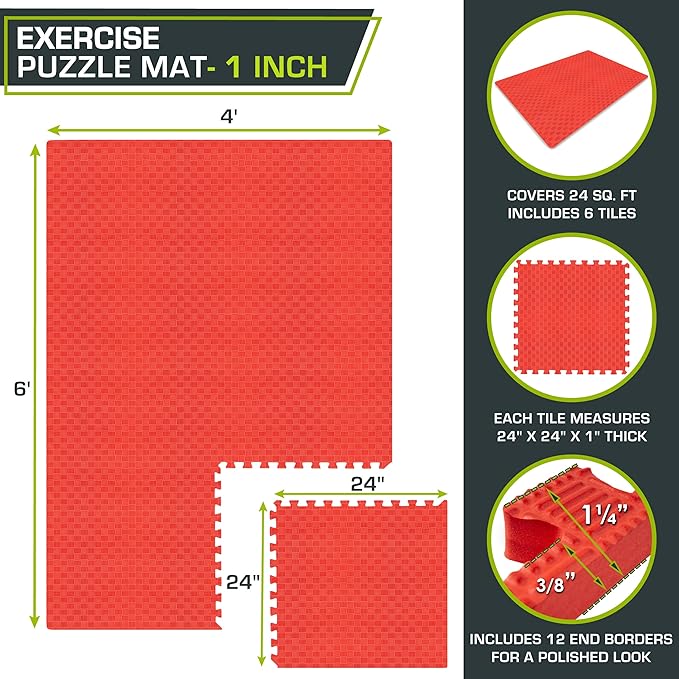ProsourceFit Exercise Puzzle Mat 1-inch, Checkered EVA Foam Floor Tiles w/Non-Slip Texture, Interlocking Design for Adjustable Gym Surfaces, Shock Absorbing, Red, 24 SQ FT - 6 Tiles
