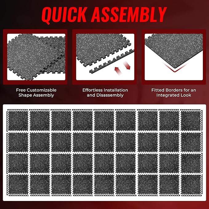 SUPERJARE 0.79'' Extra-Thick Exercise Equipment Mats, 36 Pcs 144 Sq Ft Rubber Top Floor Tiles with High Density EVA Foam, Interlocking Gym Flooring for Home Gym, Workout Mat, Black/Grey