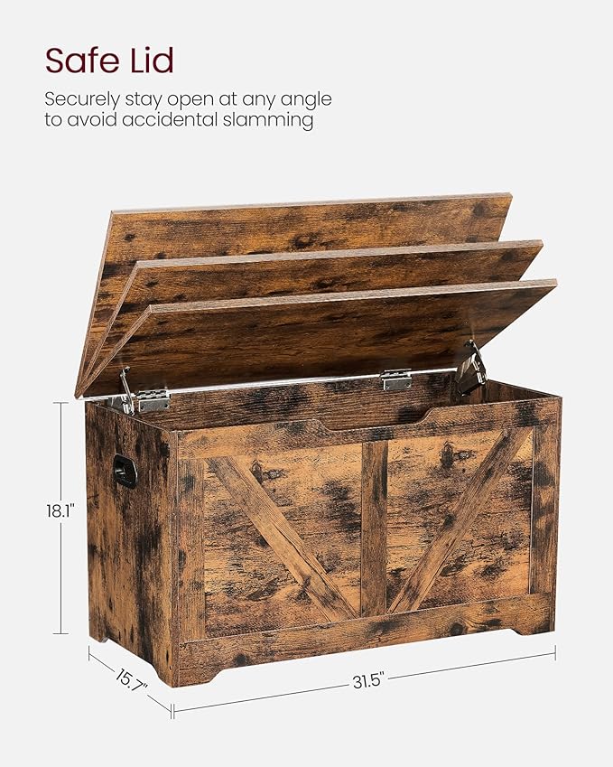 VASAGLE Storage Chest, Storage Trunk with 2 Safety Hinges, Storage Bench, Shoe Bench, Farmhouse Style, 15.7 x 31.5 x 18.1 Inches, for Entryway, Bedroom, Living Room, Rustic Brown ULSB062T01