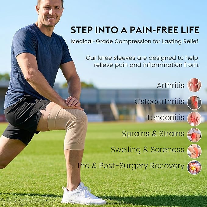 KEKING Orthopedic Brace for Tendinitis, Arthritis, ACL, MCL, Injury Recovery, Meniscus Tear, Knee Pain, Aching Knees, Patellar Tendonitis and Arthritis, Knee Compression Sleeves 2 Pack, Beige L