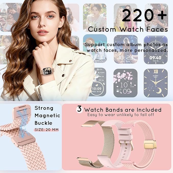 Smart Watch for Women, 30 Day+ Battery 44MM HD Smartwatch Compatible iPhone Android with Fitness Tracker/Bluetooth Calling/Heart Rate/SpO2/Sleep Monitor, 120+ Sports Modes, 3 Bands/Gift Womens