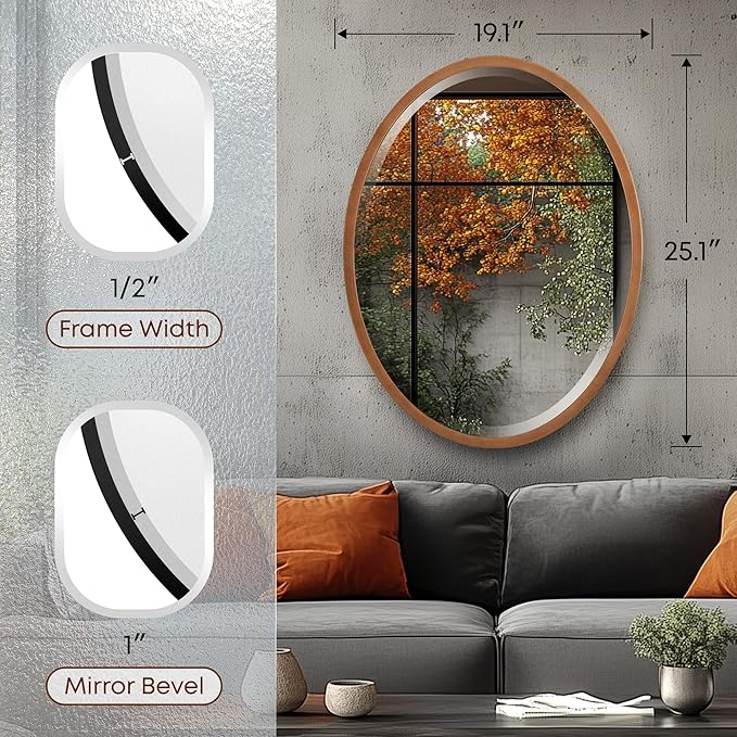 OVALCREST - Oval Wooden Beveled Wall Mirror for Home Decor, Bathroom, Vanity, Bedroom, Living Room, Hallway - London Style (Sunset Gold) 19.1 x 25.1