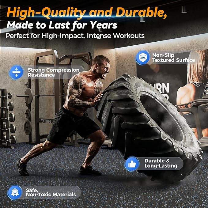 SUPERJARE 1" Extra-Thick Rubber Top Exercise Mat, Puzzle Gym Flooring for Home Gym, Gym Mat for Workout Equipment, Interlocking Floor Tiles with EVA Foam, 48 Pcs 192 Sq Ft, Black/Blue