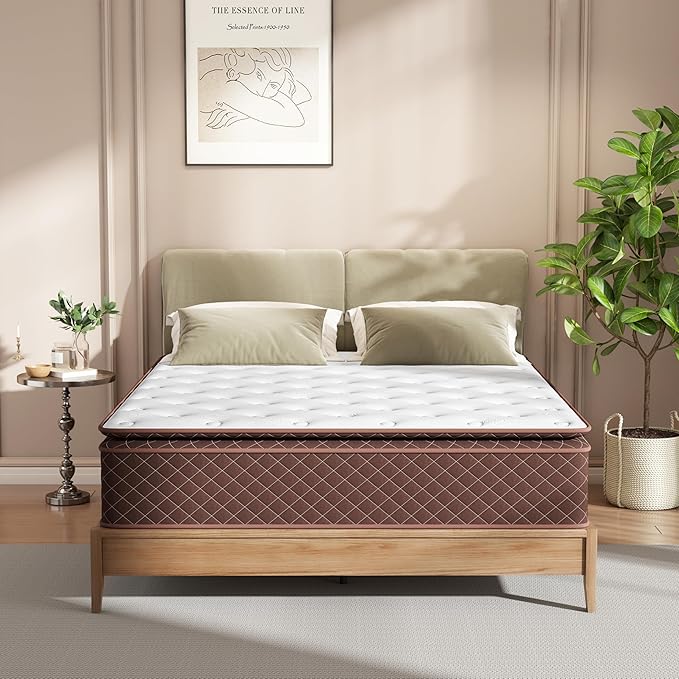 Queen Mattress, 14 Inch Pillow Top Queen Size Mattress – Plush Comfort with Pocketed Coils & Pressure Relief – Ideal for Side Sleepers, Motion Isolation & Back Pain Relief,Firm
