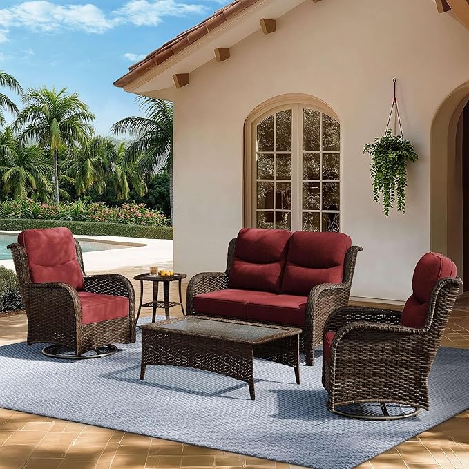 HILLGA Luxury Patio Furniture Set with 6-Inch Thick Cushions, High Back Outdoor Swivel Rocker Chairs and Patio Loveseat, 5-Piece All Weather Conversation Set for Porch Deck Pool Yard, Burgundy (V3)