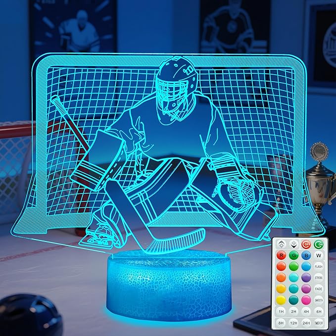 Hockey Night Light, Hockey Goalie Gifts, 3D Illusion Lamp with Remote Control, 16 Colors Changing, RGB Flashing Mode, Timer and Dimmable, Hockey Gifts for Boys Christmas Decor