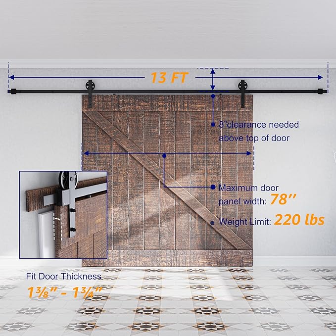 SMARTSTANDARD 13 Feet Heavy Duty Sliding Barn Hardware Kit, 4FT - 18FT, Black, Smoothly and Quietly, Simple and Easy to Install, Fit 78" Wide Door Panel (Industrial Bigwheel Hangers)